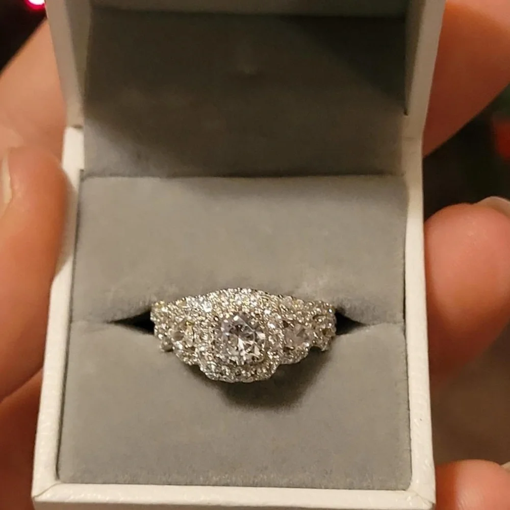 Silver Diamond Halo Engagement Ring Set Wedding - Picture 8 of 14